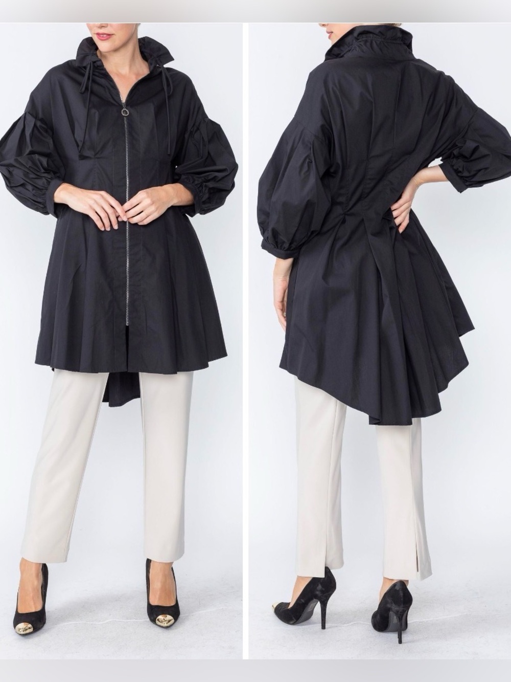 IC Collection Black Minimalist Stand Shirring Collar Waist-Pleats Darkts Jacket